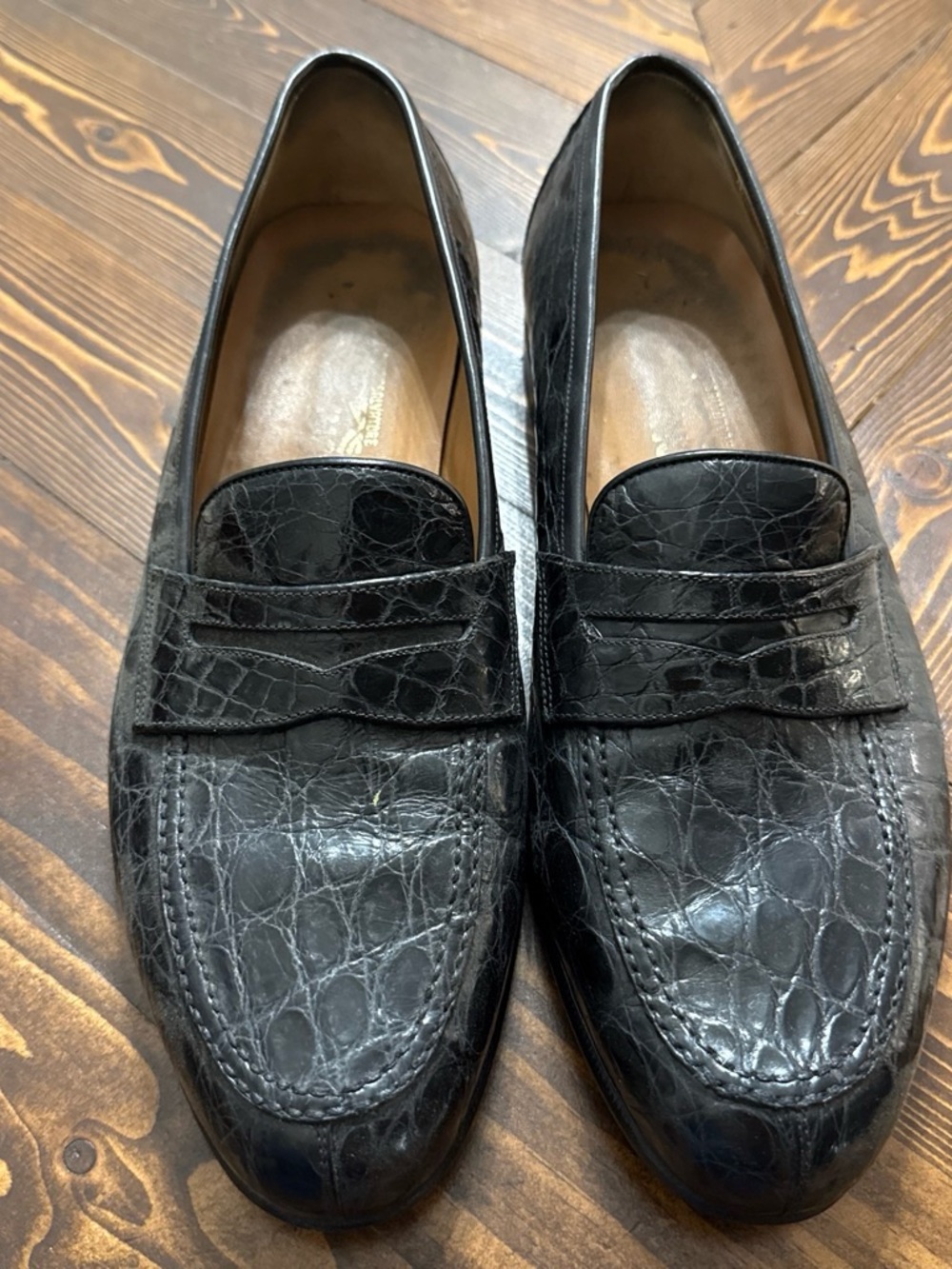 Salvatore Ferragamo Black Croc-Embossed Penny Loafers